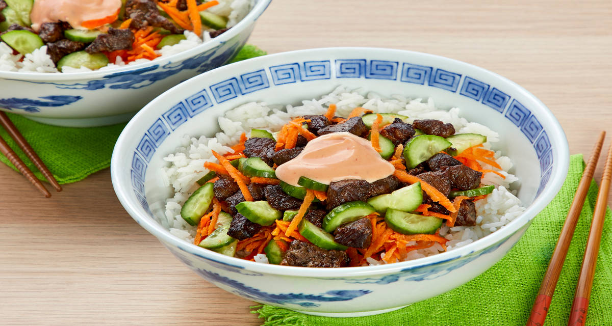 Vietnamese Steak Bowl with Carrot, PIckled Cucumber, and Sriracha Mayo