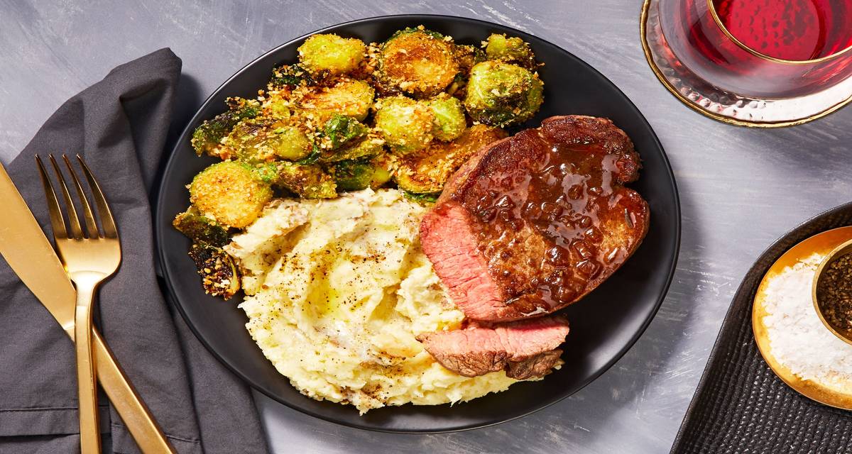 Balsamic-and-Fig Beef Tenderloin with Garlic Mashed Potatoes and Rosemary Breadcrumb Brussels Sprouts