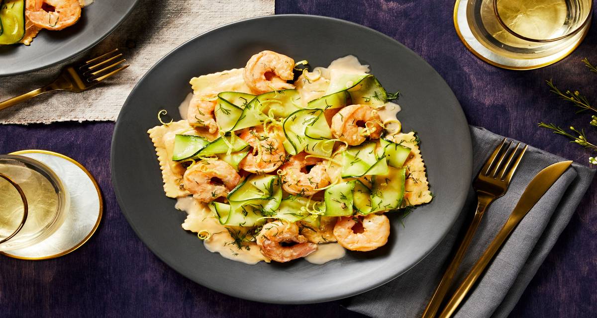 Lemon Dill Lobster Ravioli and Shrimp with Marinated Zucchini Ribbons
