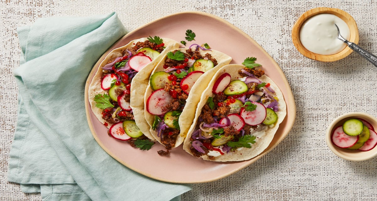 Sesame Beef Tacos with Quick-Pickled Veggies and Chili Sour Cream-image