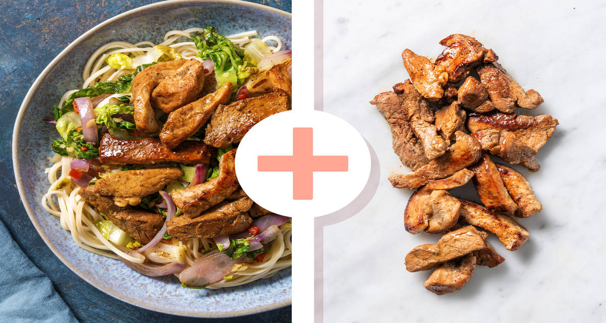 Double protein - Nouilles sautées et double portion d'émincé de porc dans une marinade sucrée préparées avec de une salade romaine