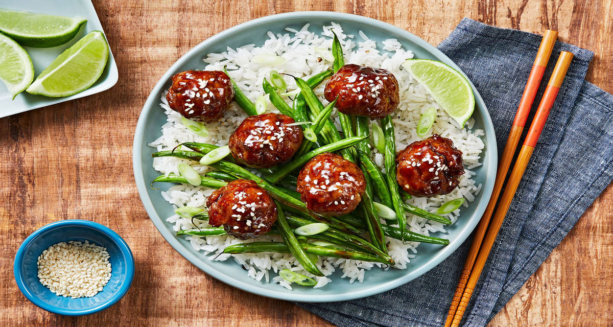 Hoisin-Glazed Meatballs with Jasmine Rice and Green Beans