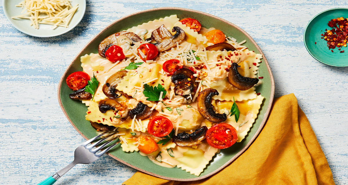 Creamiest Mushroom Ravioli with Parmesan and Heirloom Grape Tomatoes