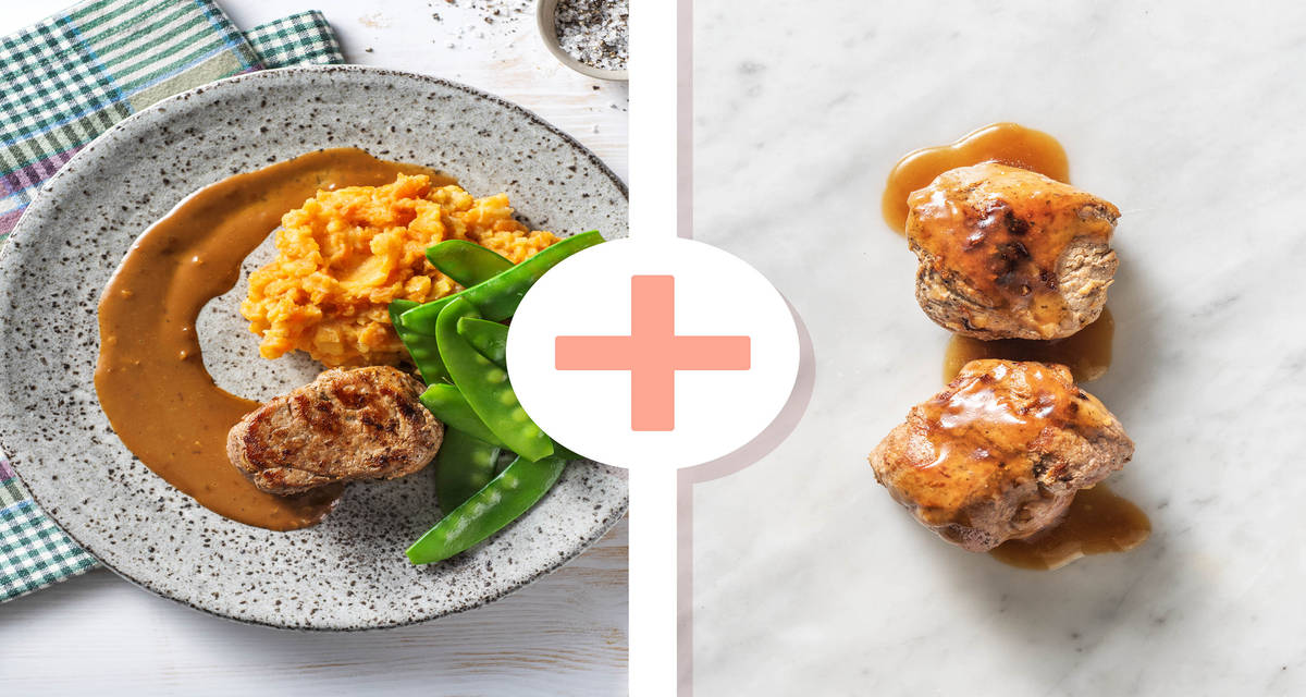 Double protein - Double portion de filet mignon et jus de viande maison accompagné de mange-tout et d'une purée de carottes