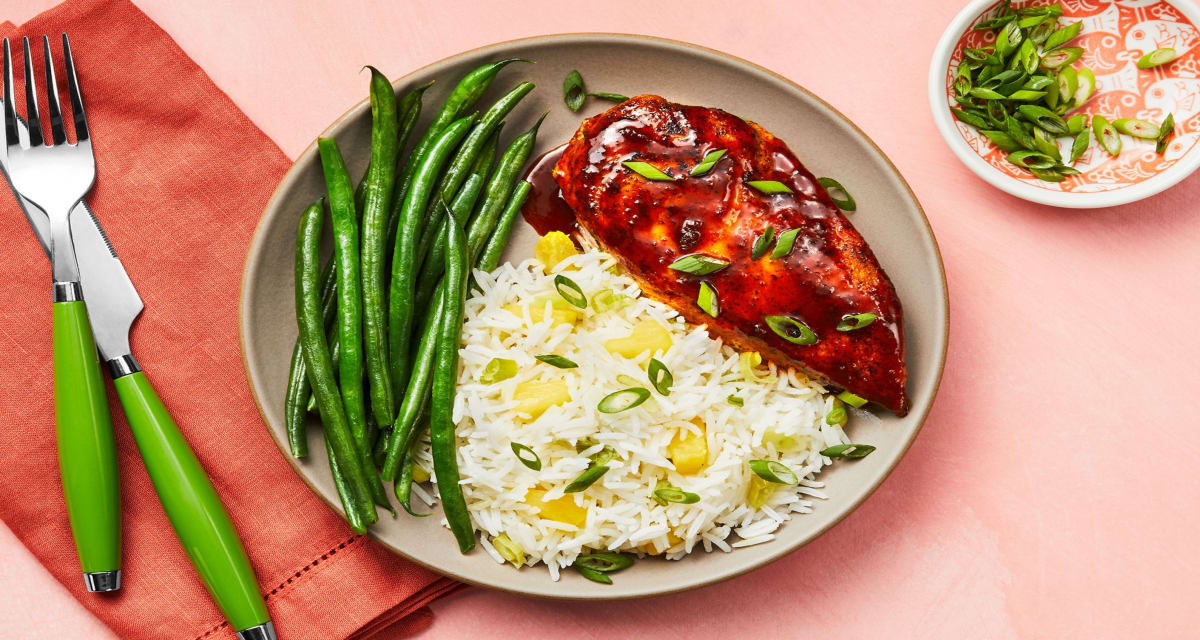 Sweet ’n’ Smoky Chicken Cutlets with Cherry Ancho BBQ Sauce, Green Beans, and Pineapple Rice-image