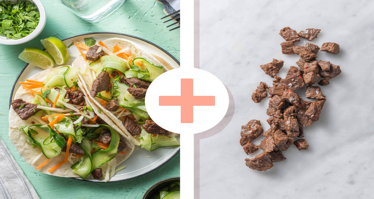 Double protein - Wraps d'émincé de bœuf à la coréenne en double portion Garnis de crudités et accompagnés de concombre aigre-doux