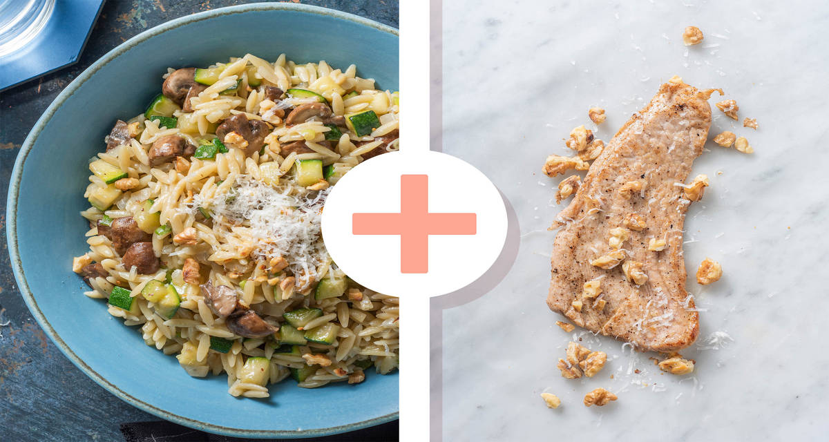 Veggie + protein - Risotto d’orzo aux champignons avec une escalope de veau en extra avec des morceaux de noix et du fromage italien
