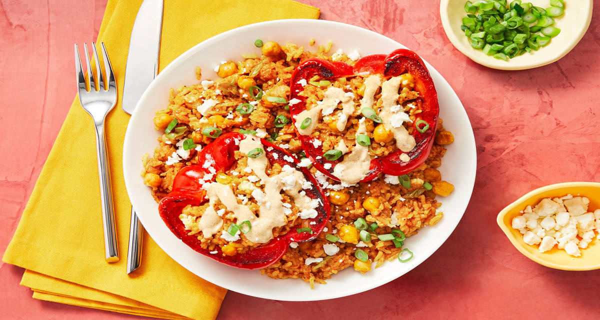 Tunisian Stuffed Peppers with Chickpeas, Apricots, & Feta Cheese