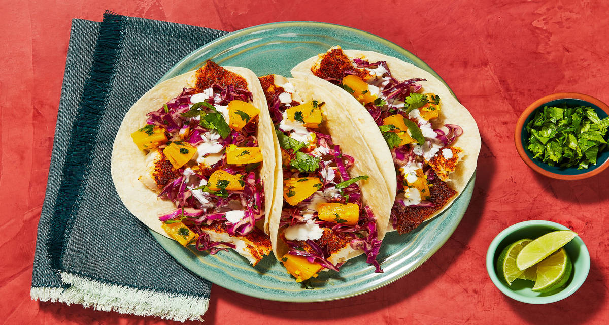 Blackened Tilapia Tacos with Pineapple Salsa & Red Cabbage Slaw