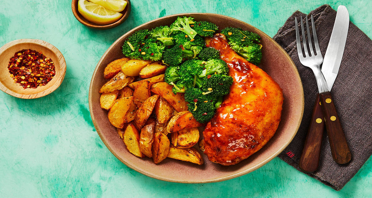 Apricot Chicken Legs with Roasted Potato Wedges & Lemony Broccoli
