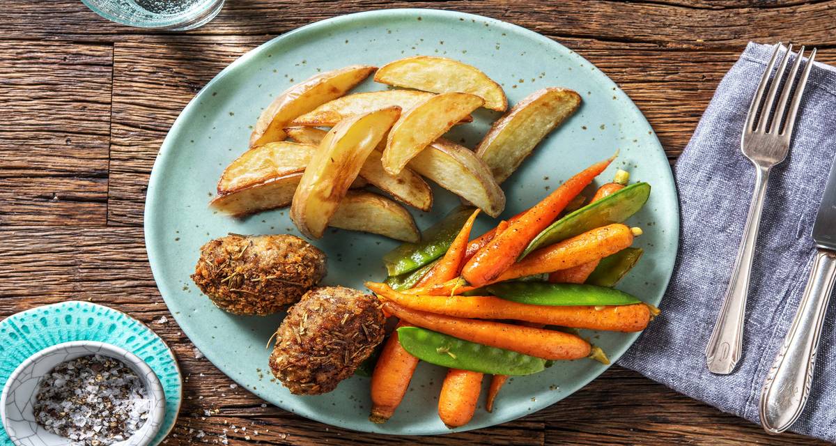Bûches ardennaises maison Accompagnées de mange-tout, de carotte et de quartiers de pommes de terre