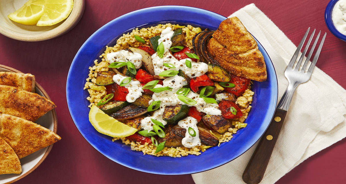 Veggie Couscous Bowl with Creamy Feta Sauce & Garlic Pita Chips