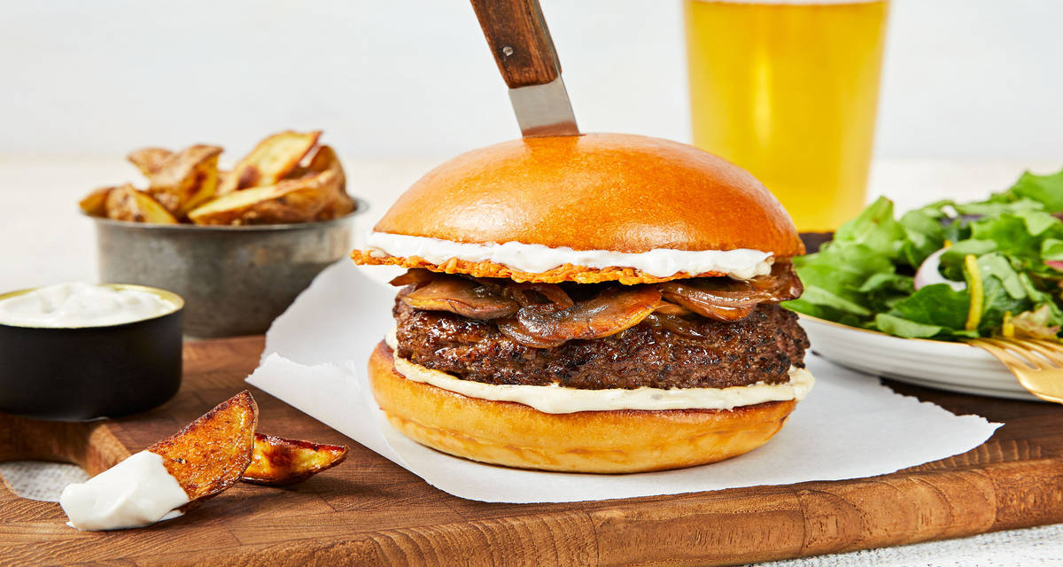 Truffle Umami Blast Burgers with Parmesan Frico, Potato Wedges & Crisp Green Salad