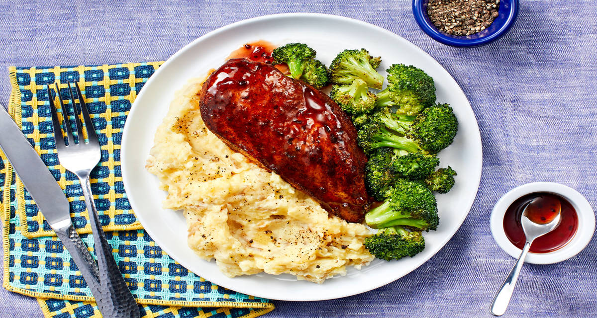 Seared Chicken in a Jammy Pan Sauce with Roasted Broccoli & Mashed Potatoes