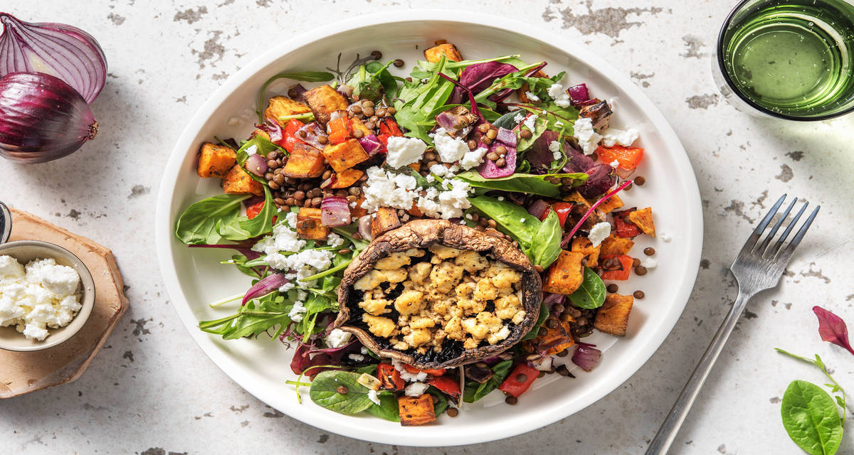 Portobellos farcis, salade de patates douces et de lentilles Recette équilibrée : mini calories, maxi bienfaits