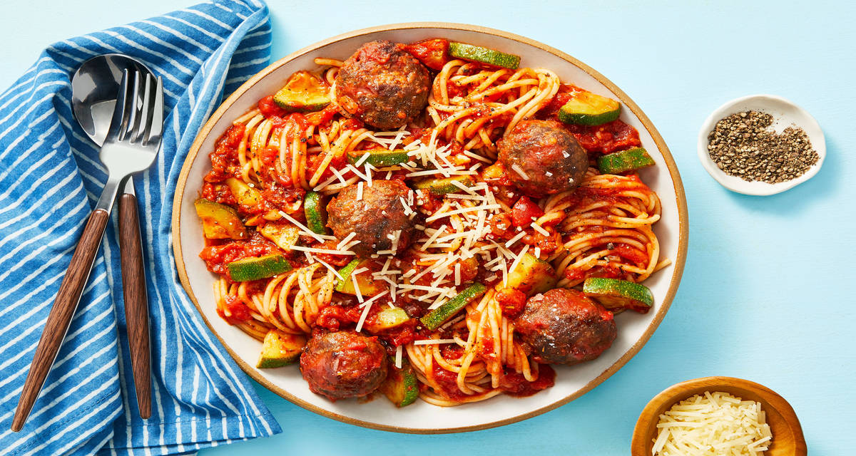 Classic Spaghetti and Meatballs with Zucchini & Parmesan