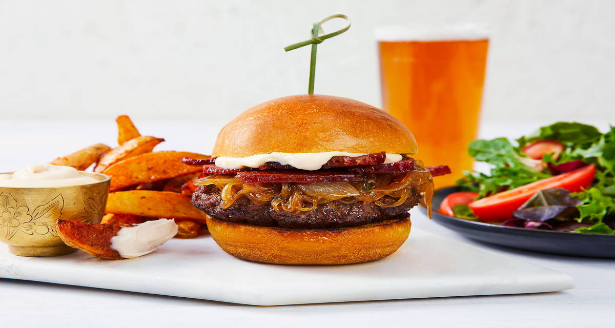 Bacony French Onion Soup Burgers with Potato Wedges & a Garden Salad