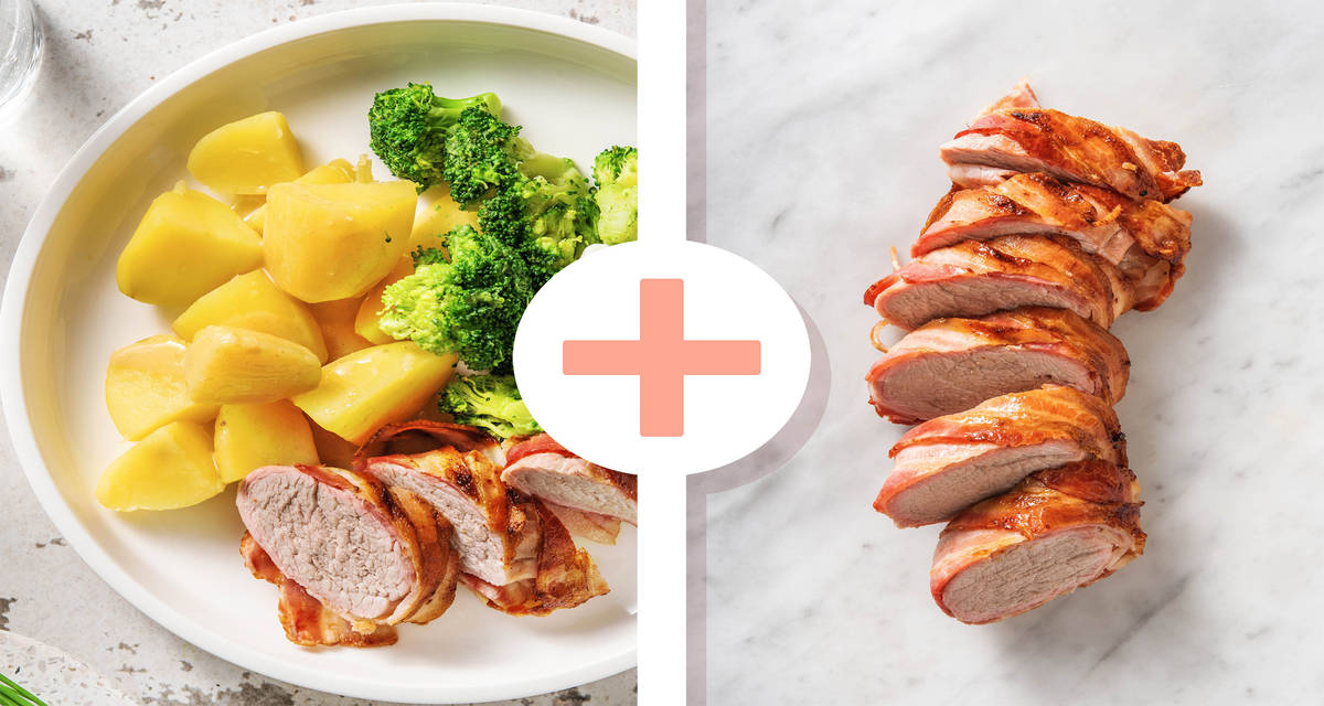 Double protein - Double portion de filet de porc aux brocolis et beurre aux herbes servi avec des pommes de terre et de la crème aigre