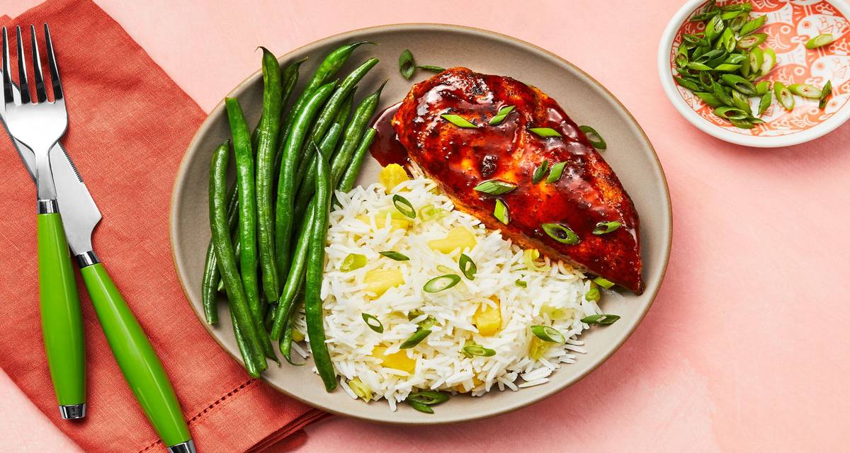 Sweet ’n’ Smoky Chicken Cutlets with Cherry Ancho BBQ Sauce, Green Beans & Pineapple Rice