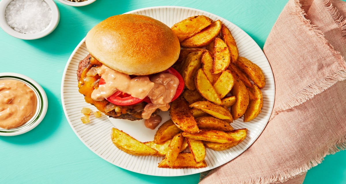 Griddled Onion Cheeseburgers with Special Sauce & Garlic Potato Wedges-image