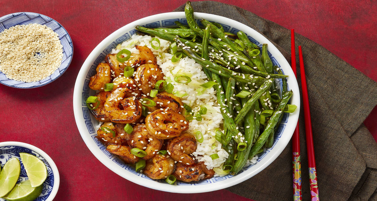 Sizzling Hoisin Shrimp with Ginger Scallion Rice & Crispy Green Beans