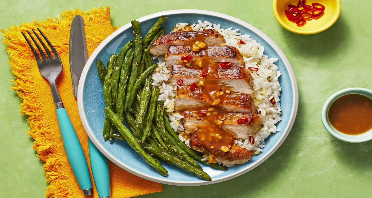 Ginger Apricot Pork Chops with Buttery Rice & Roasted Green Beans-image