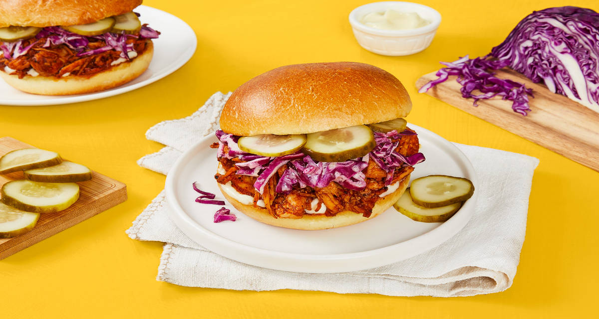 BBQ Pulled Chicken Sandwiches with Dill Pickle & Crunchy Slaw (serves 2 people)