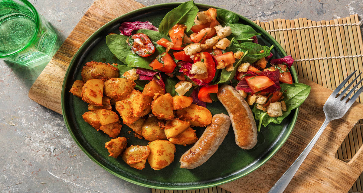 Saucisses de poulet et panzanella à l’italienne accompagnées de grenailles au pesto et croûtons