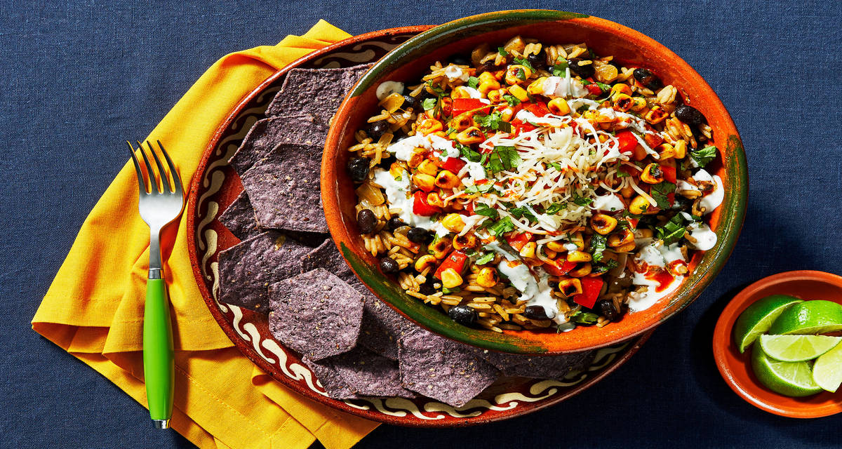 Veggie Burrito Bowls with Blue Corn Tortilla Chips & Tomato Salsa