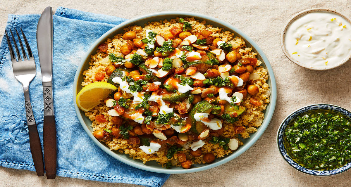 Zucchini & Chickpea Tagine with Couscous & Chermoula
