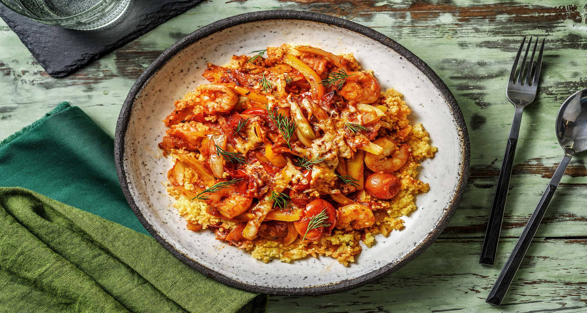 Gratin de crevettes et semoule servis avec du fenouil, du poivron jaune et des tomates cerises