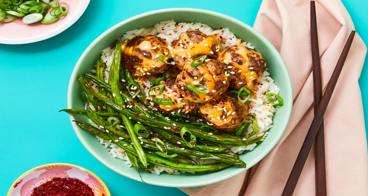 Firecracker Meatballs with Roasted Green Beans & Sesame Rice-image