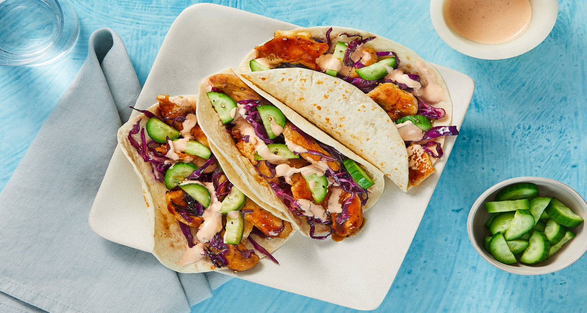 Bulgogi Chicken Tacos with Pickled Cucumber & Sriracha Crema