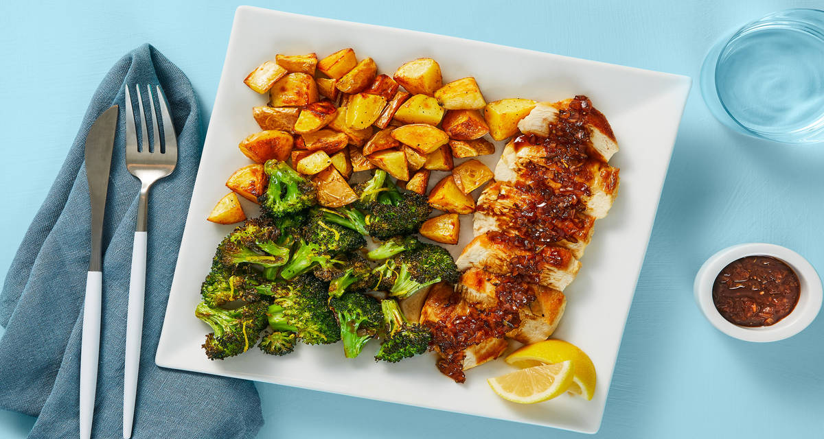 Balsamic Fig Chicken with Roasted Potatoes & Lemony Broccoli