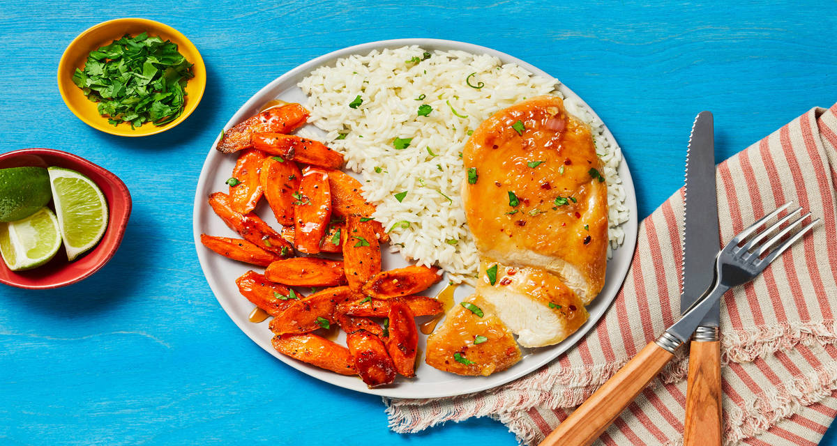 Spicy Honey Chicken with Cumin-Roasted Carrots & Cilantro Lime Rice