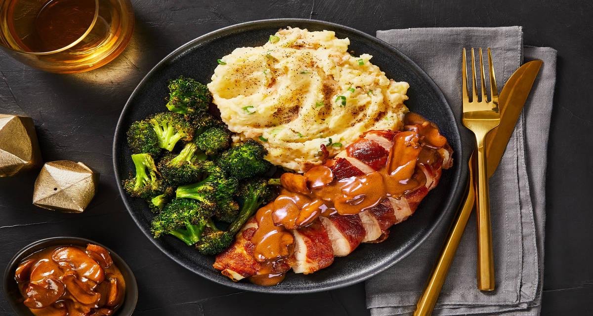 Velvety Mushroom Prosciutto Chicken with Scallion Mashed Potatoes & Roasted Broccoli