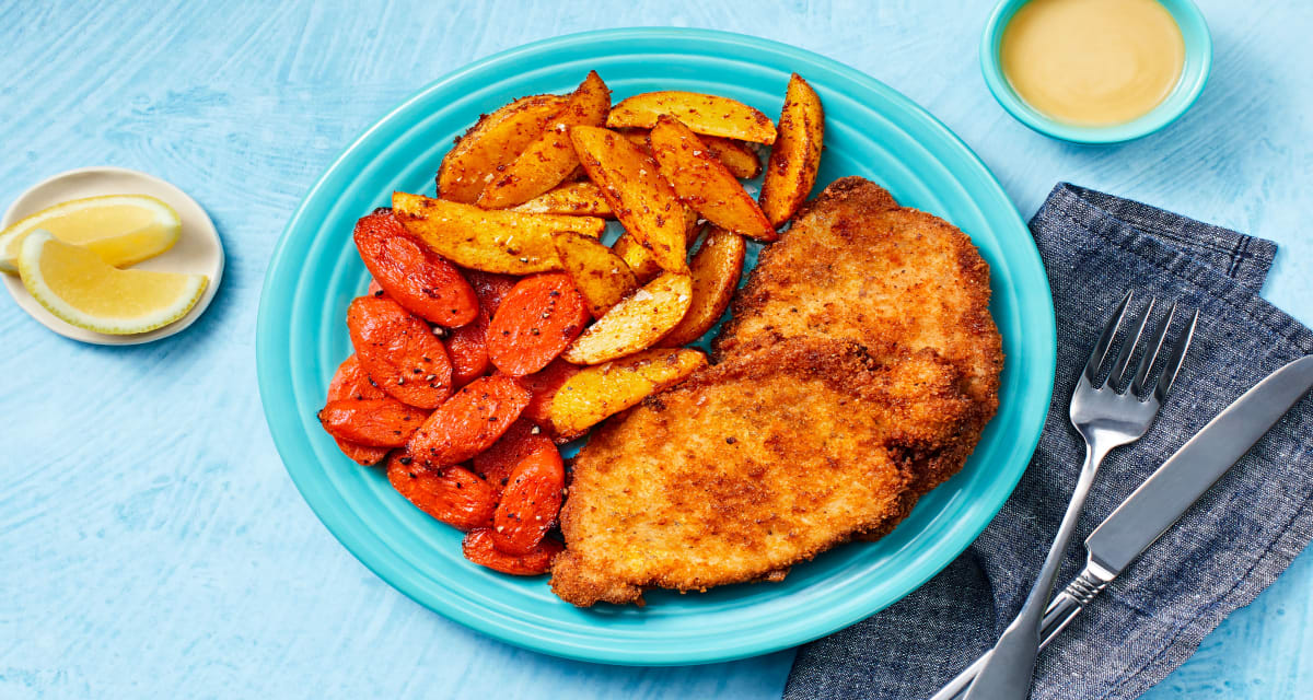 Pork Schnitzel with Roasted Veggies & a Creamy Mustard Dipper-image