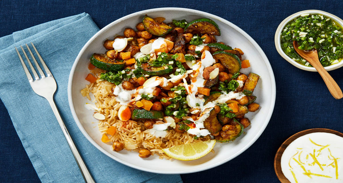 Zucchini & Chickpea Tagine with Basmati Rice & Chermoula