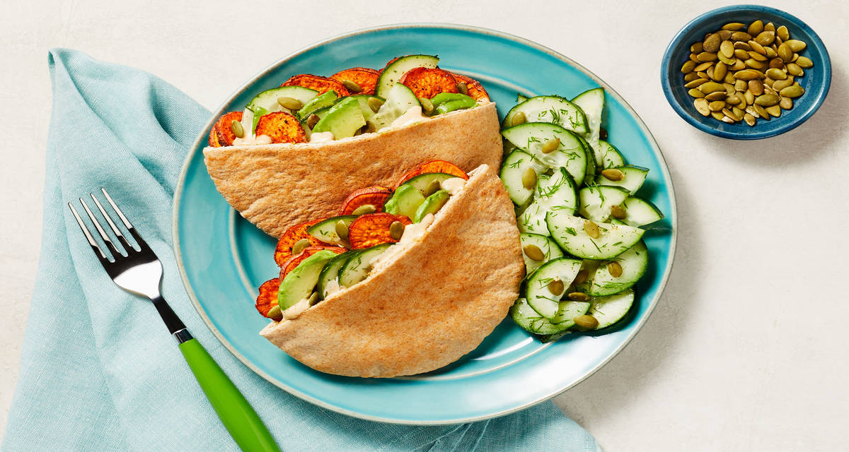 Harissa Sweet Potato Pockets with Cucumber Dill Salad