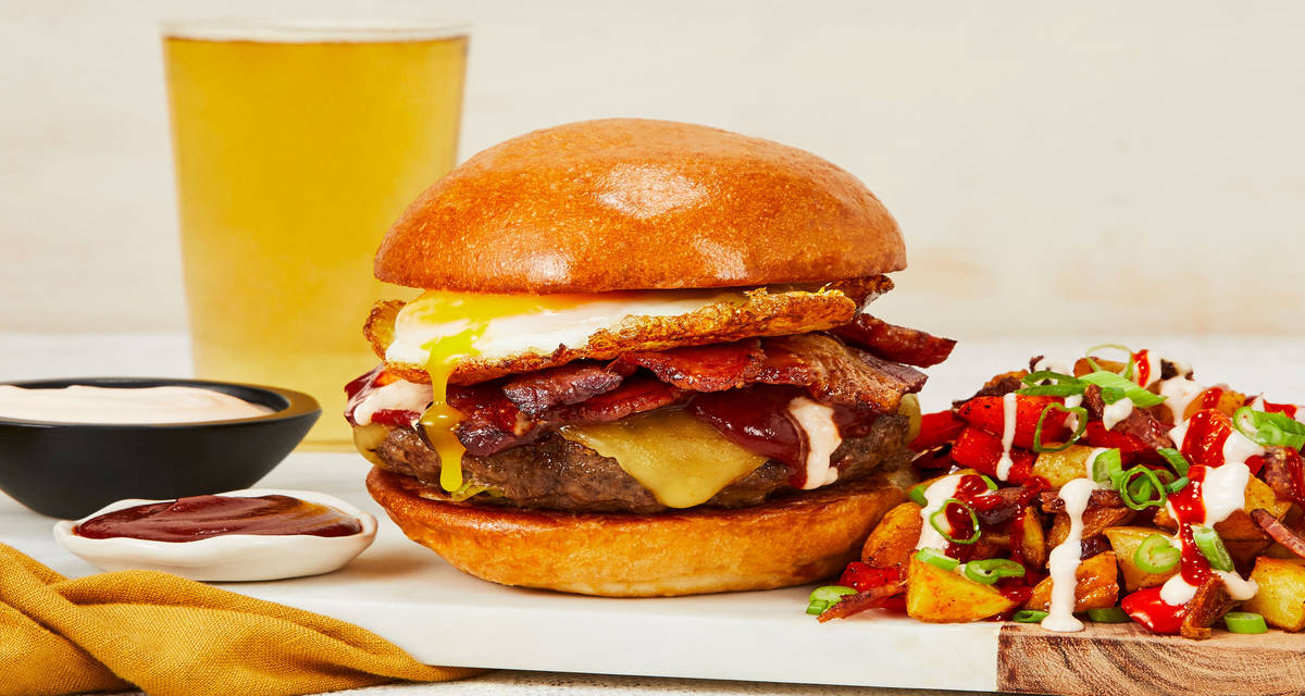 Sunny-Side-Up Burgers with Bacon, Gouda & Smoky Potato Hash