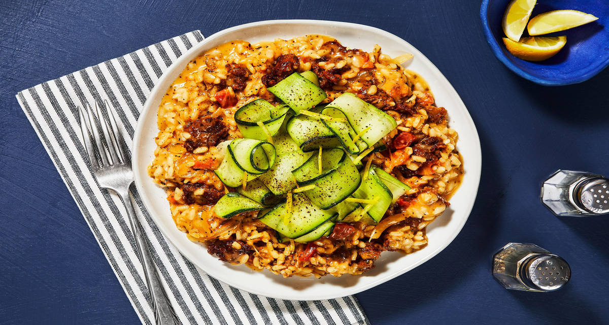 Pork Sausage & Tomato Risotto with Lemony Zucchini Ribbons