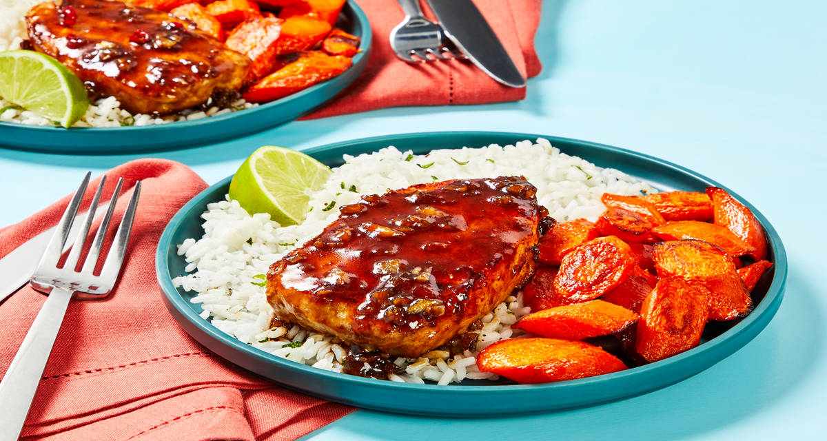 Apricot Pork Chops with a Kick with Carrots & White Rice
