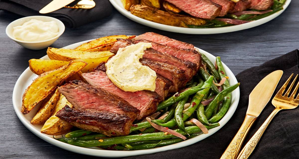 Steak Frites with Green Beans & Roasted Garlic Butter