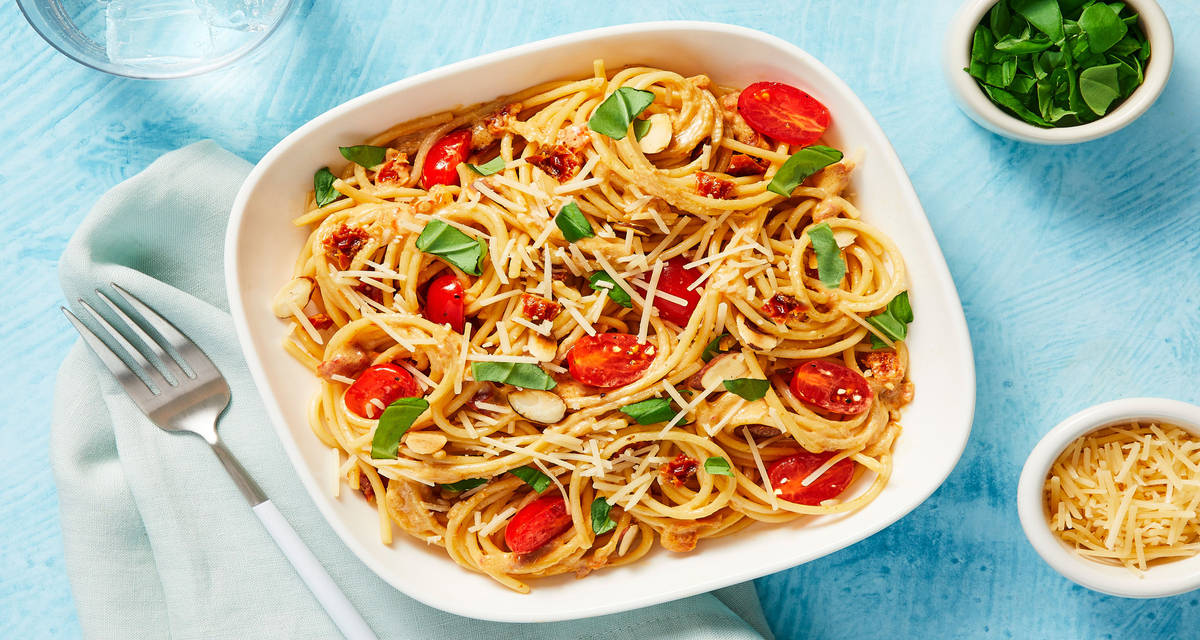 Sun-Dried Tomato & Basil Spaghetti with Almonds & Parmesan