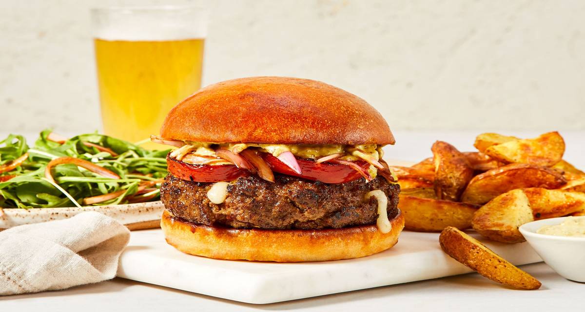 Mozzarella-Stuffed Little Italy Burgers with Griddled Tomato, Patate al Forno & Arugula Salad