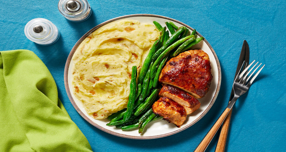 BBQ Pork & Apple Meatloaves with Garlic Mashed Potatoes & Roasted Green Beans