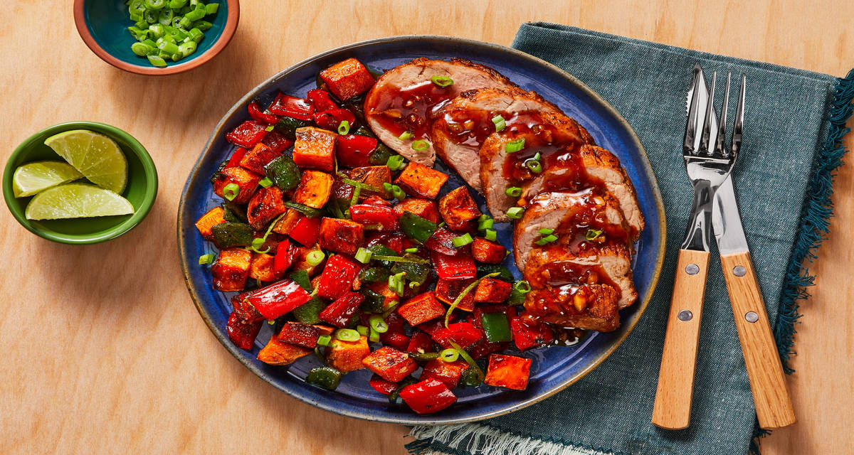 Sweet Soy Pork Tenderloin with a Roasted Sweet Potato & Pepper Jumble