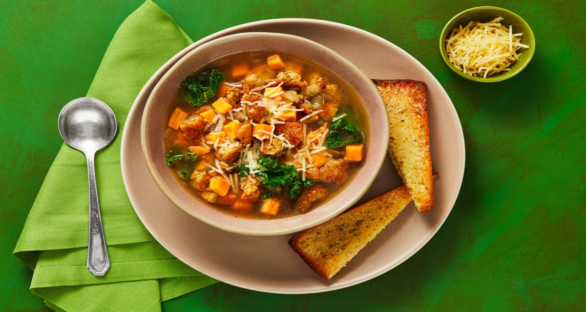 Chicken Sausage & Sweet Potato Soup with Herb Butter Toast Points-image