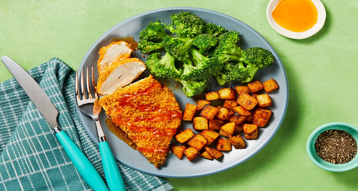 Hot Honey Chicken with BBQ-Roasted Potatoes & Buttery Broccoli
