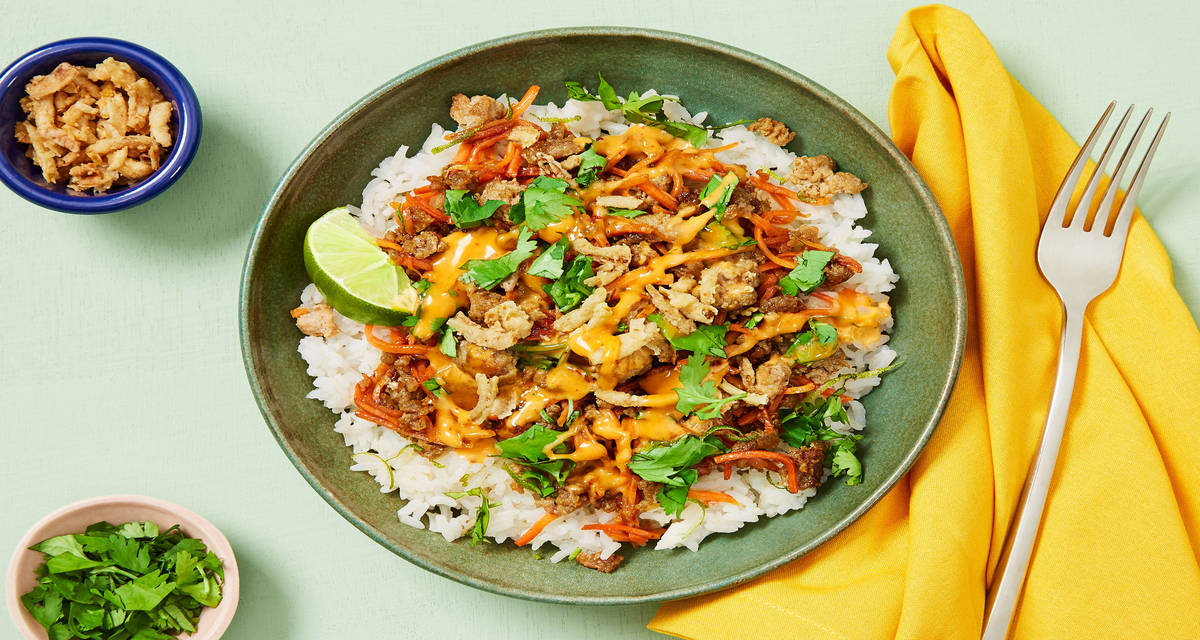 Sesame-Soy Pork Bowls with Chili Mayo, Cilantro & Crispy Onions